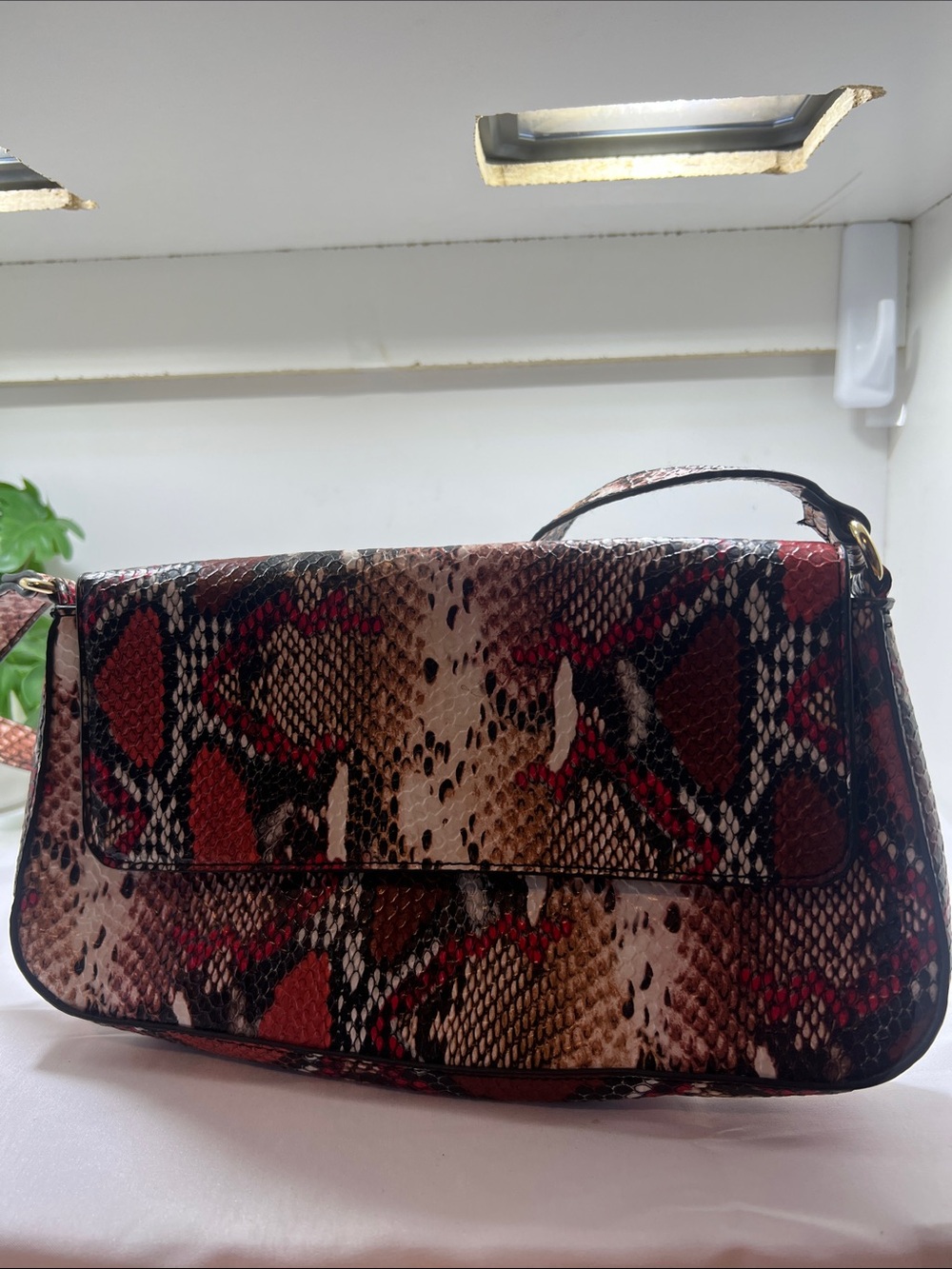 Vintage Snake-Print Shoulder Bag in Red, Brown and Black